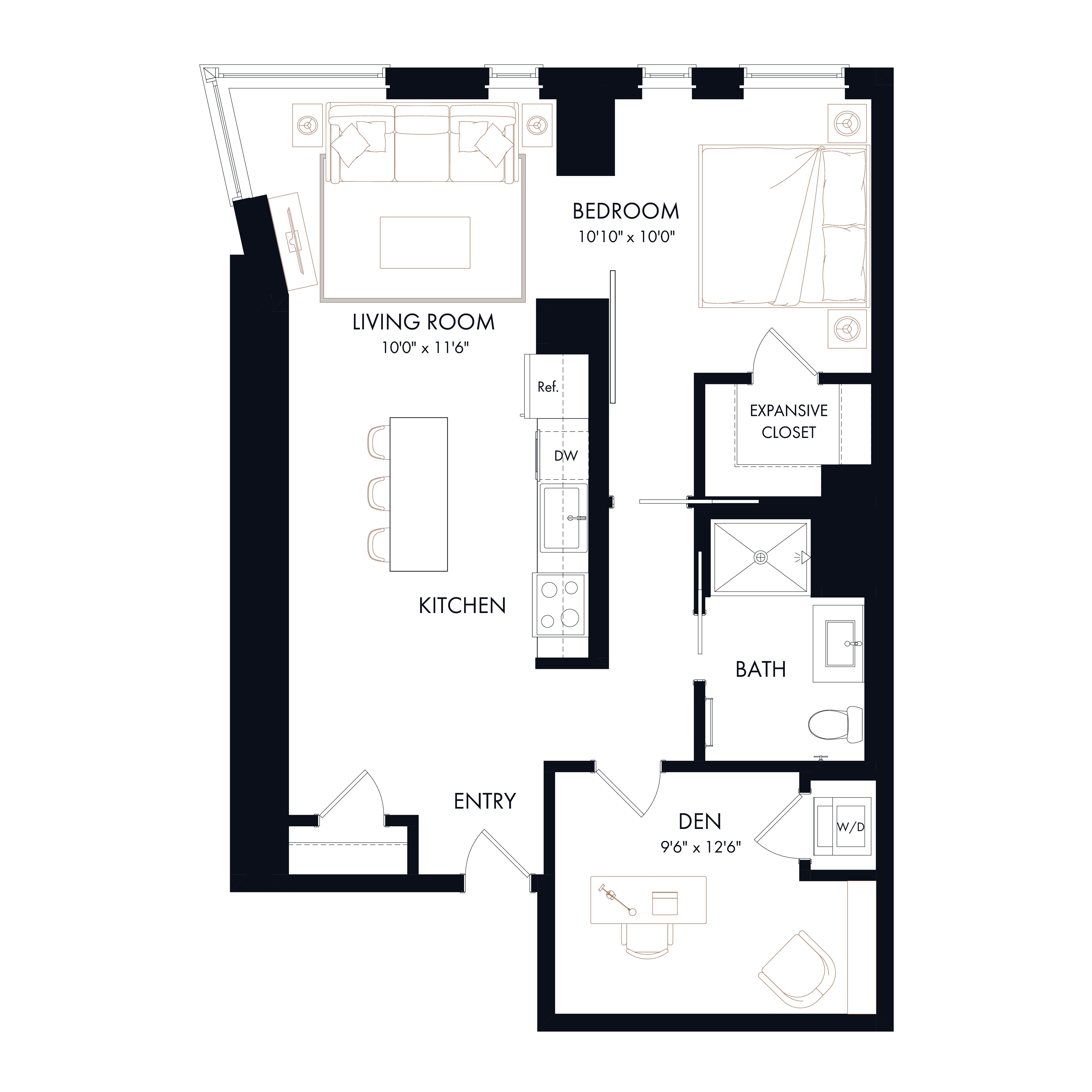 Floor plan layout diagram for AD1 | 1 Bed | 1 Bath | Den